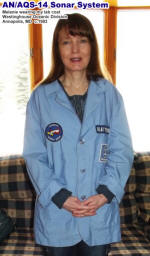 Supermodel Melanie wearing my lab coat with Westinghouse AN/AQS-14 sonar system patch - RF Cafe
