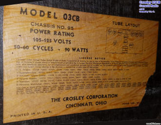 Crosley 03CB Floor Console Radio ID label - RF Cafe