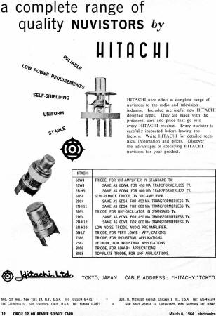 Hitachi Nuvistor Advertisement, March 6, 1964 Electronics Magazine - RF Cafe
