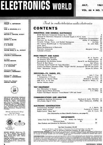 July 1961 Electronics World Table of Contents - RF Cafe