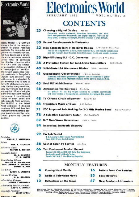 February 1969 Electronics World Table of Contents - RF Cafe