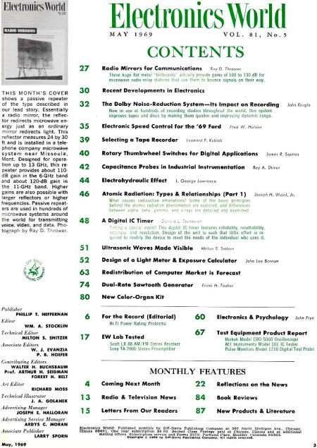 MAy 1969 Electronics World Table of Contents - RF Cafe