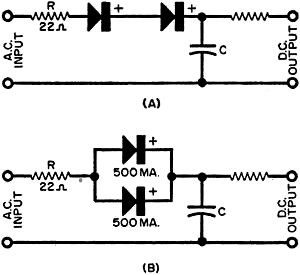 Selenium rectifiers in series (A) and in parallel (B) for increasing voltage and current handling capabilities, respectively - RF Cafe