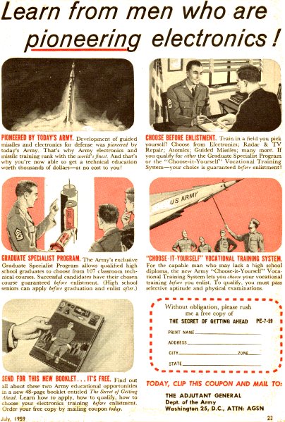 Army Recruitment Advertisement, July 1959 Popular Electronics - RF Cafe