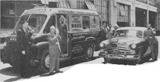 Dodge officials are thanked by "walkie-talkie" for the truck they donated to Inter County Amateur Radio Club, December 1954 Popular Electronics