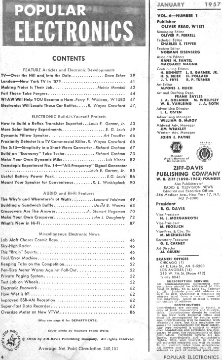January 1957 Popular Electronics Table of Contents - RF Cafe