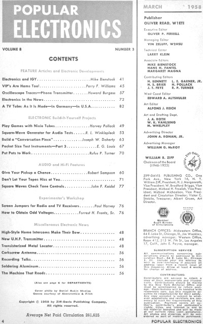 March 1958 Popular Electronics Table of Contents - RF Cafe