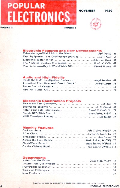 November 1959 Popular Electronics Table of Contents - RF Cafe