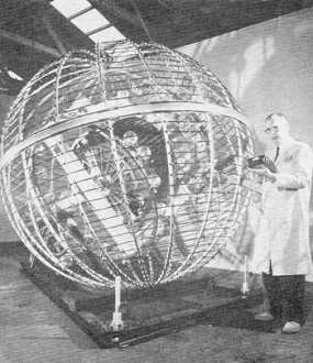 Spherical "cage" designed to produce magnetic fields resembling those of the earth was used in pre-launching tests of Tiros II - RF Cafe