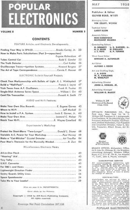 May 1958 Popular Electronics Table of Contents - RF Cafe