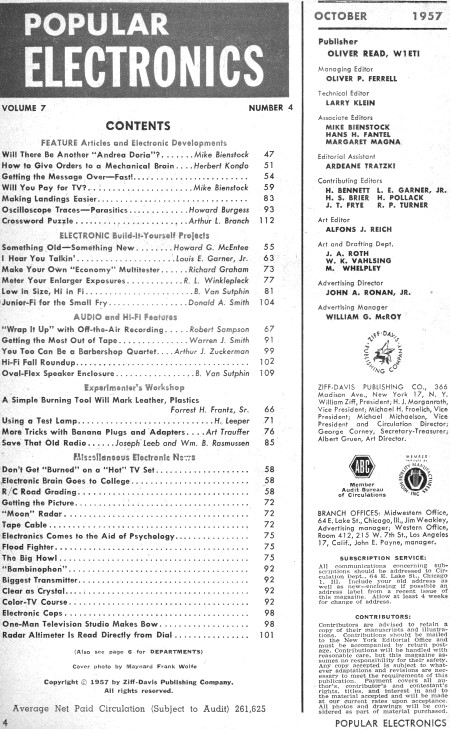 October 1957 Popular Electronics Table of Contents - RF Cafe