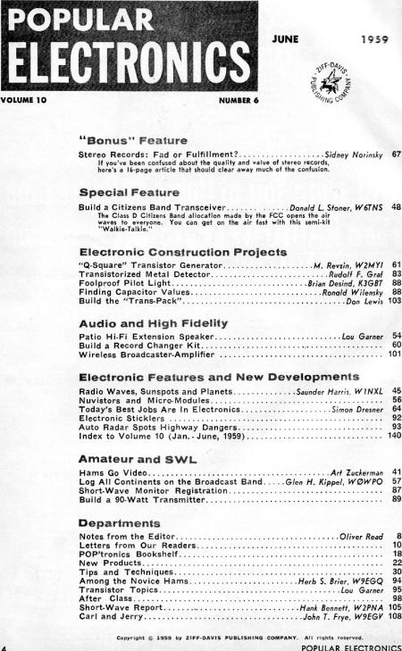 June 1959 Popular Electronics Table of Contents - RF Cafe