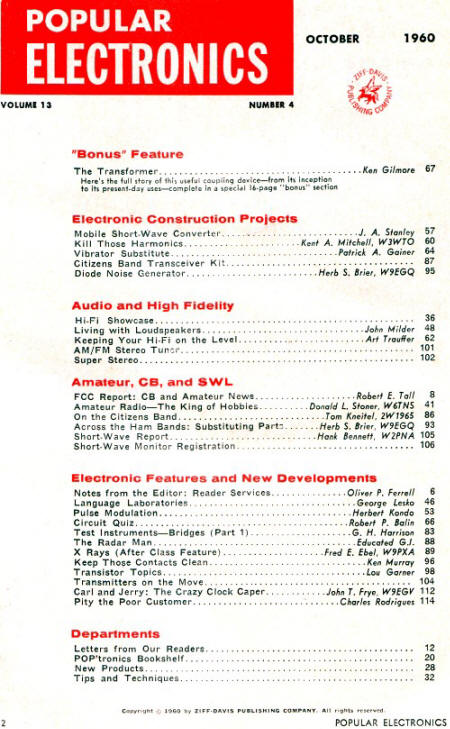 October 1960 Popular Electronics Table of Contents - RF Cafe