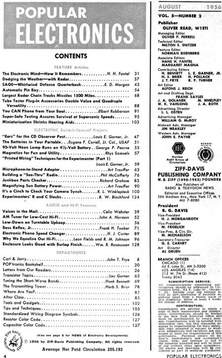 August 1956 Popular Electronics Table of Contents - RF Cafe