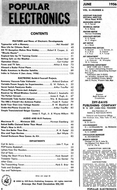 June 1956 Popular Electronics Table of Contents - RF Cafe