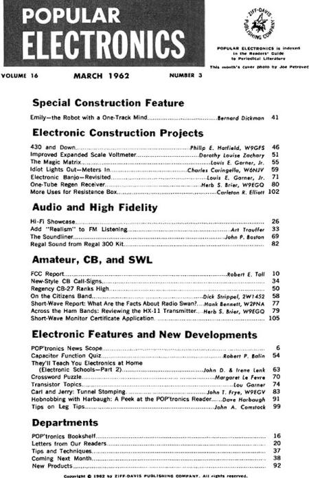 March 1962 Popular Electronics Table of Contents - RF Cafe