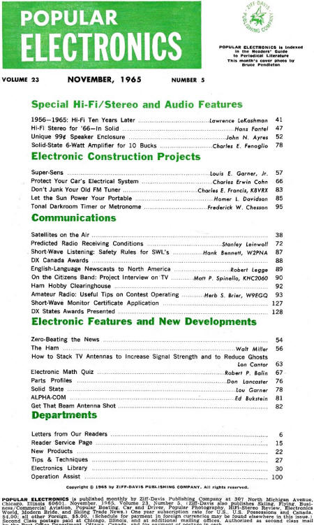 November 1965 Popular Electronics Table of Contents - RF Cafe