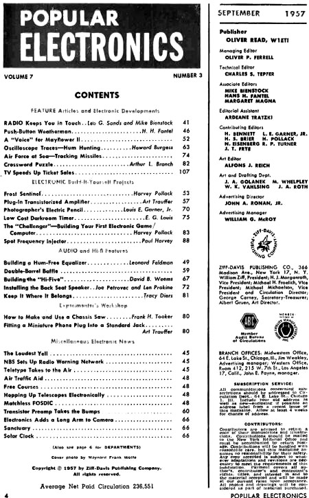 September 1957 Popular Electronics Table of Contents - RF Cafe