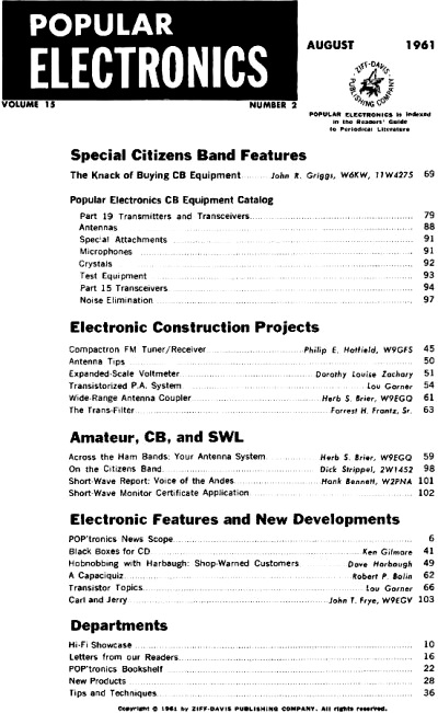August 1961 Popular Electronics Table of Contents - RF Cafe