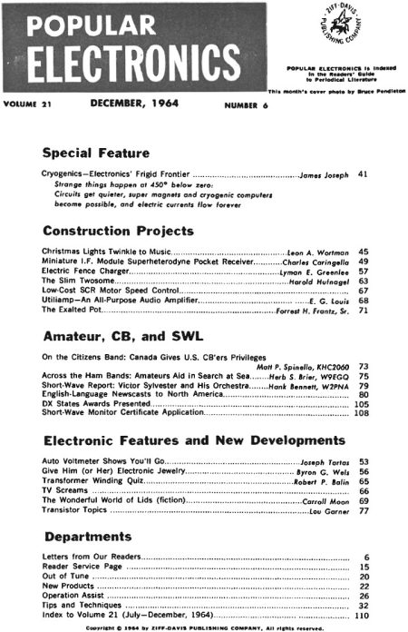 December 1964 Popular Electronics Table of Contents - RF Cafe
