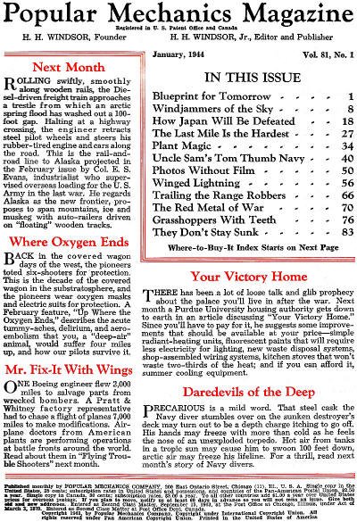 January 1944 Popular Mechanics Table of Contents (p1) - RF Cafe