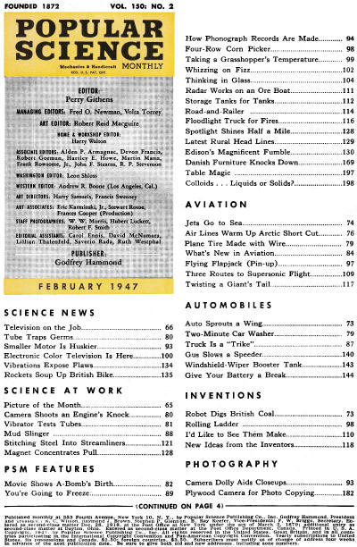 Popular Science February 1947 Table of Contents (p1) - RF Cafe