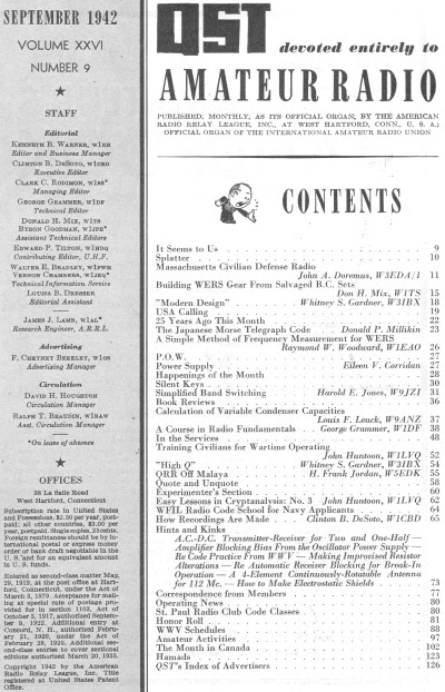 September 1942 QST Table of Contents - RF Cafe