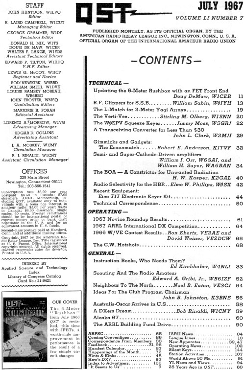 July 1967 QST Table of Contents - RF Cafe