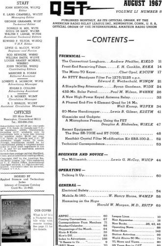 August 1967 QST Table of Contents - RF Cafe