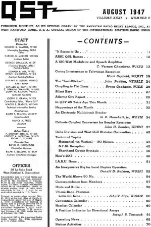 August 1947 QST Table of Contents - RF Cafe