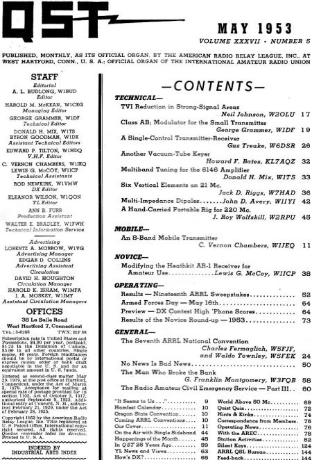Mayy 1953 QST Table of Contents - RF Cafe
