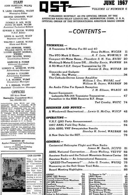 June 1967 QST Table of Contents - RF Cafe