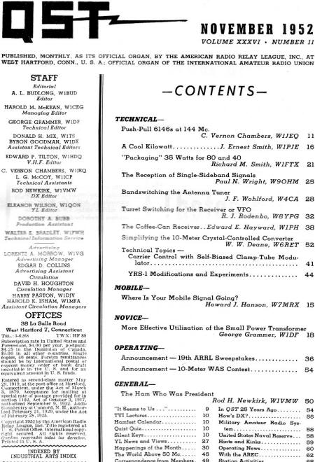November 1952 QST Table of Contents - RF Cafe