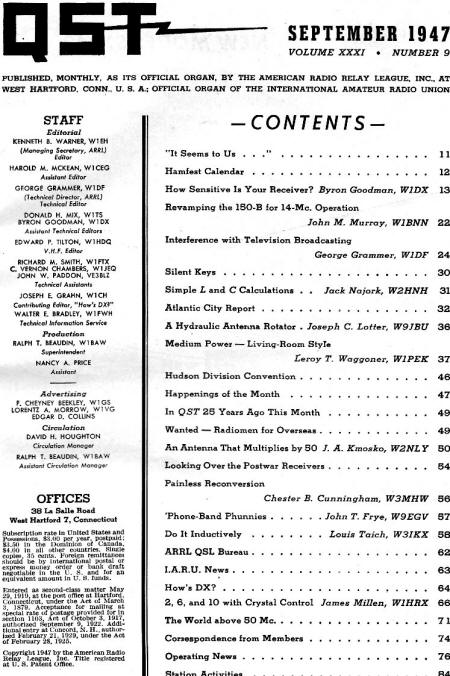 September 1947 QST Table of Contents - RF Cafe