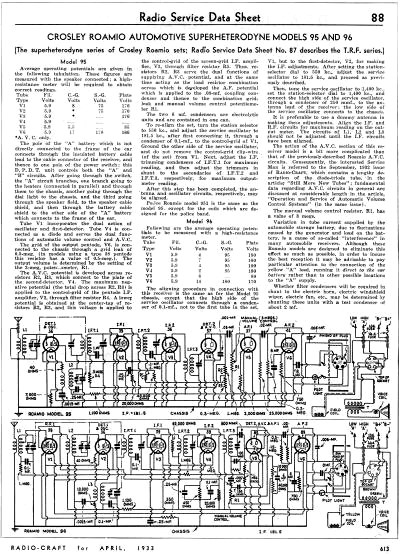 Crosley Roamio Automotive Superheterodyne Models 95 and 96 Radio Service Datat Sheet, April 1933 Radio-Craft - RF Cafe