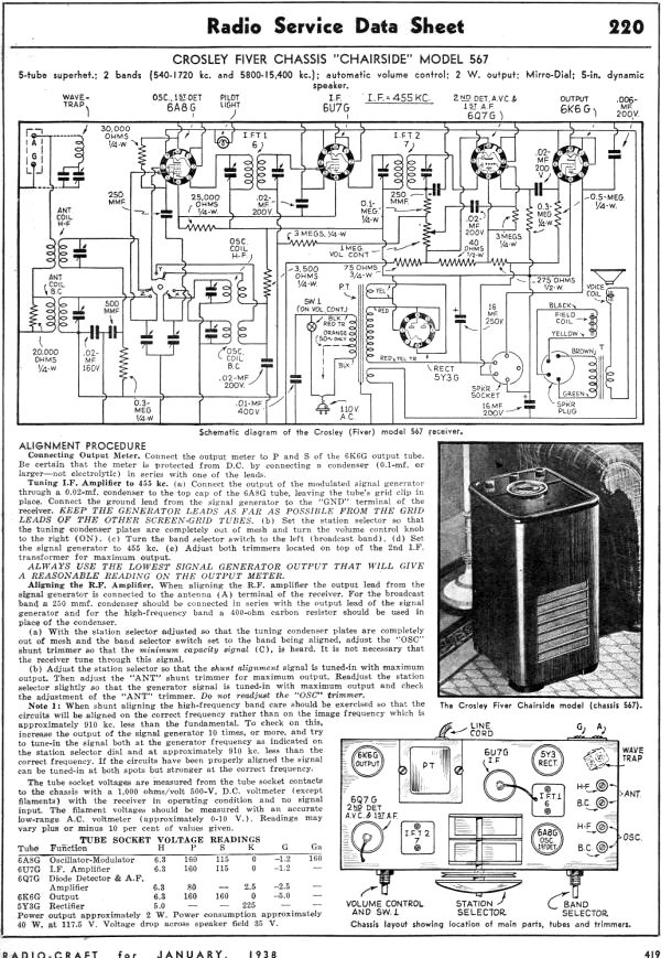 Crosley Fiver Chassis "Chairside" Model 567 Radio Service Data Sheet, January 1938 Radio Craft - RF Cafe