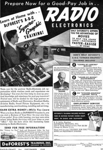 de Forest's Syncro-Graphic Training Ad, September 1945, Radio Craft - RF Cafe