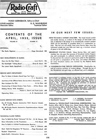 April 1933 Radio Craft Table of Contents - RF Cafe