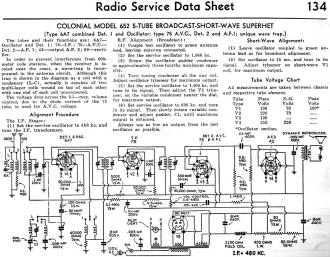 Colonial Model 652 5-Tube Broadcast-Short-Wave Superhet Radio Service Data Sheet, March 1935 Radio-Craft - RF Cafe