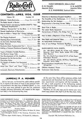 April 1936 Radio Craft Table of Contents - RF Cafe