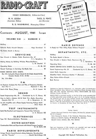 August 1941 Radio Craft Table of Contents - RF Cafe