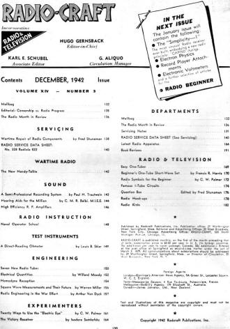 December 1942 Radio Craft Table of Contents - RF Cafe