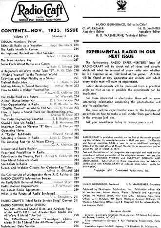 November 1935 Radio-Craft Table of Contents - RF Cafe