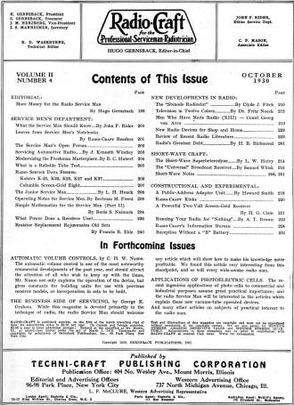 October 1930 Radio Craft Table of Contents - RF Cafe