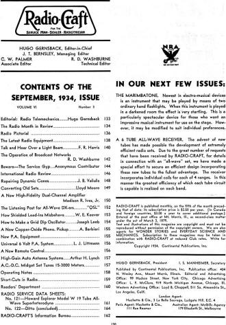 September 1934 Radio-Craft Table of Contents - RF Cafe