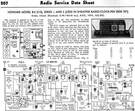 Howard Model B-5 (715), Series 1 and 2 (used in Sheaffer Radio-Clock-Pen Desk Set), August 1937 Radio-Craft - RF Cafe