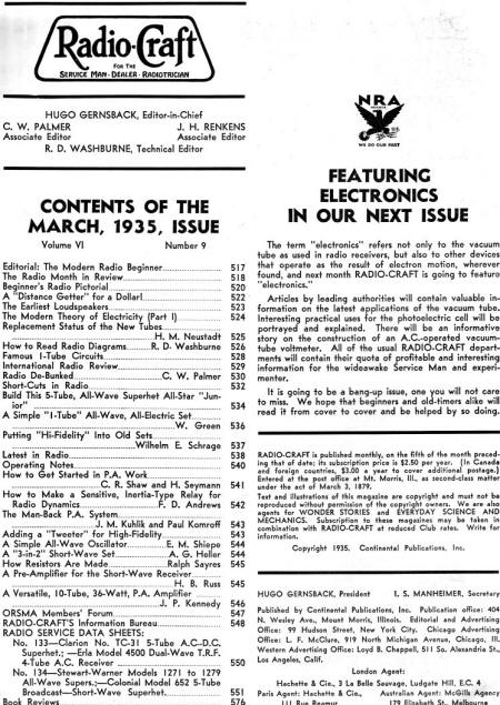 March 1935 Radio Craft Table of Contents - RF Cafe