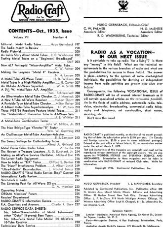 October 1935 Radio Craft Table of Contents - RF Cafe