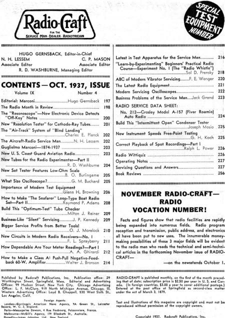 October 1937 Radio Craft Table of Contents - RF Cafe