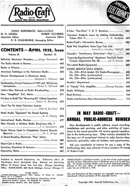 April 1938 Radio-Craft Table of Contents - RF Cafe